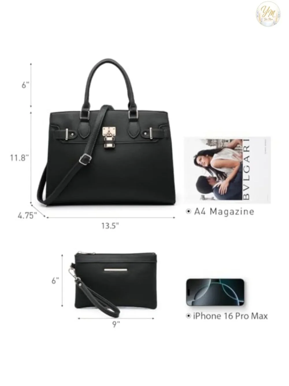 Women's Vegan Leather Satchel Tote Work Bag with Matching Clutch